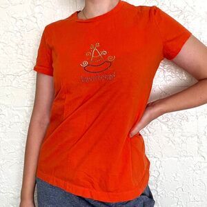 Halloween T-Shirt Vintage Women's Small Orange and Black Gem Witch Hat Baby Tee